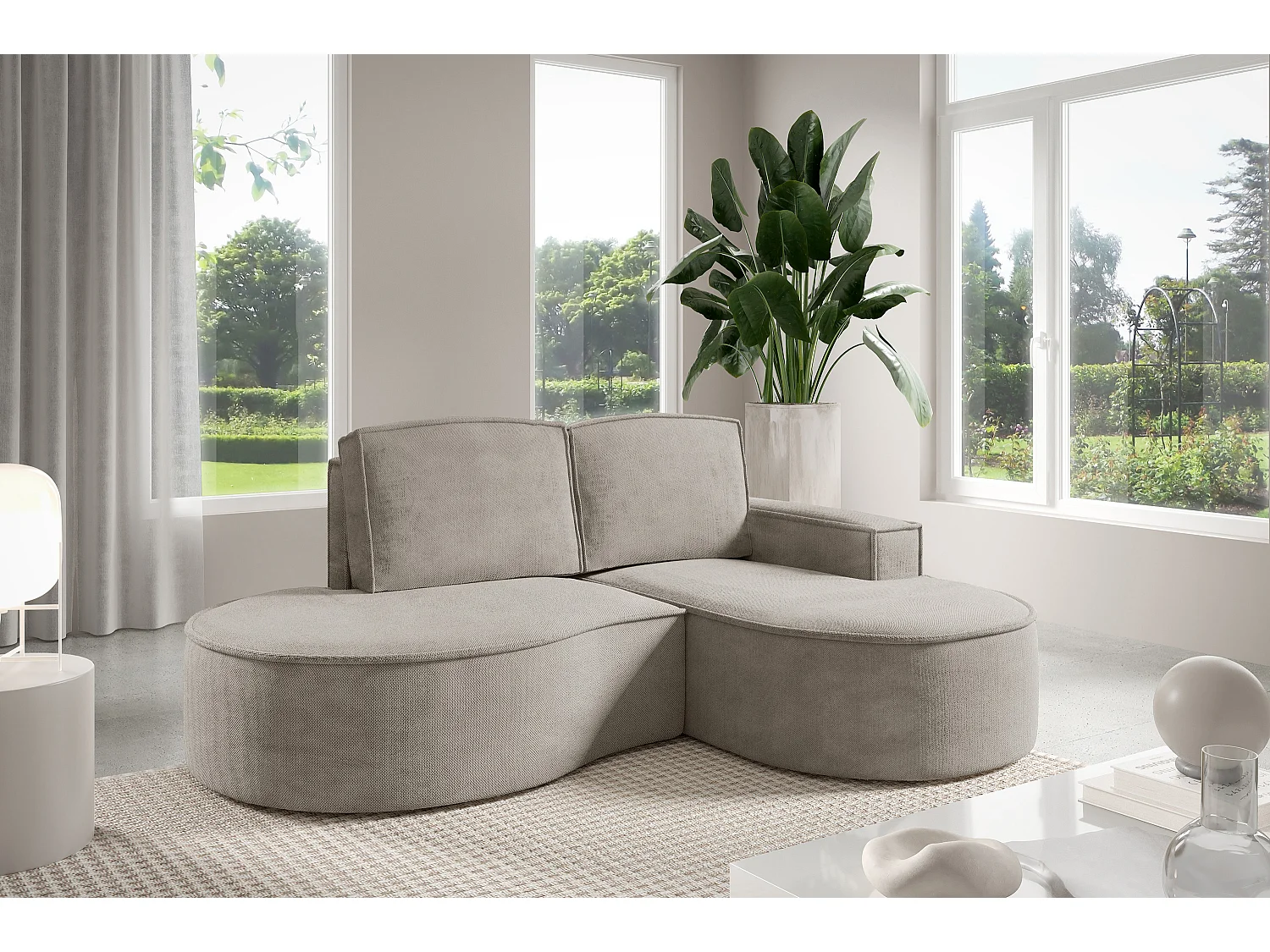 Canapé d'angle MOLLY sans couchage – Demi-lune, tissu Bouclé, coussins amovibles, revêtement doux, 210x157x88 cm, côté droit frêne