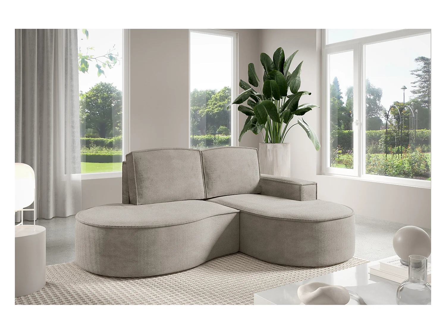 Canapé d'angle MOLLY sans couchage – Demi-lune, tissu Bouclé, coussins amovibles, revêtement doux, 210x157x88 cm, côté droit frêne