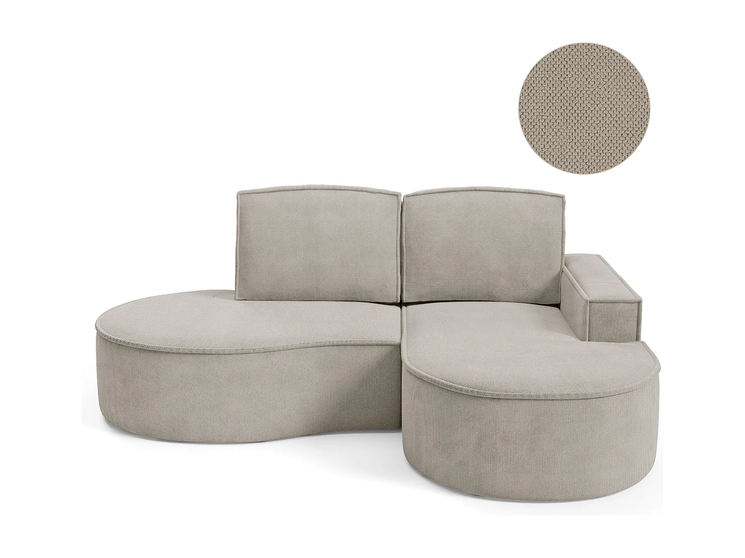 Canapé d'angle MOLLY sans couchage – Demi-lune, tissu Bouclé, coussins amovibles, revêtement doux, 210x157x88 cm, côté droit frêne