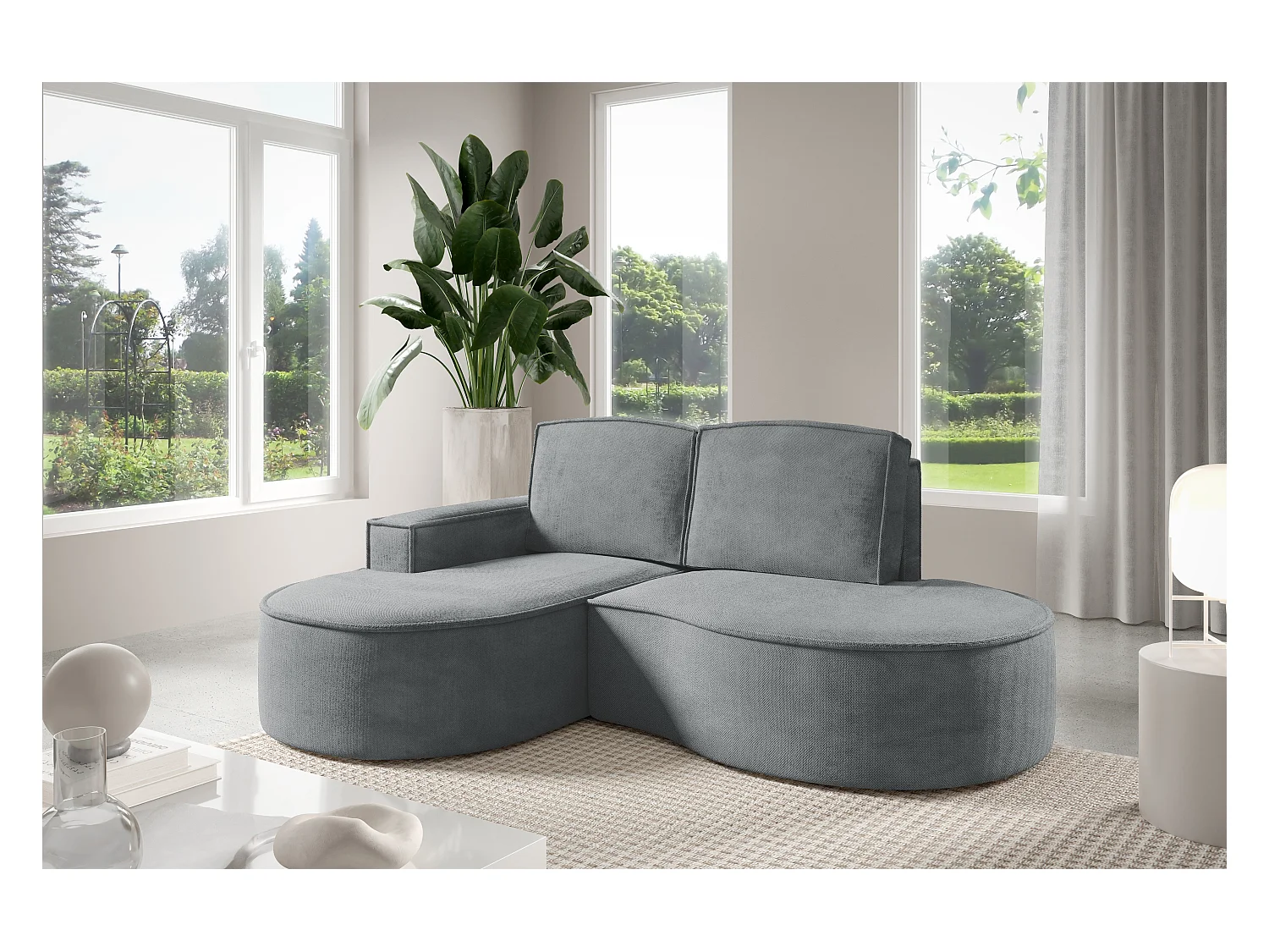 Canapé d'angle MOLLY sans couchage – Demi-lune, tissu Bouclé, coussins amovibles, revêtement doux, 210x157x88 cm, côté gauche gris