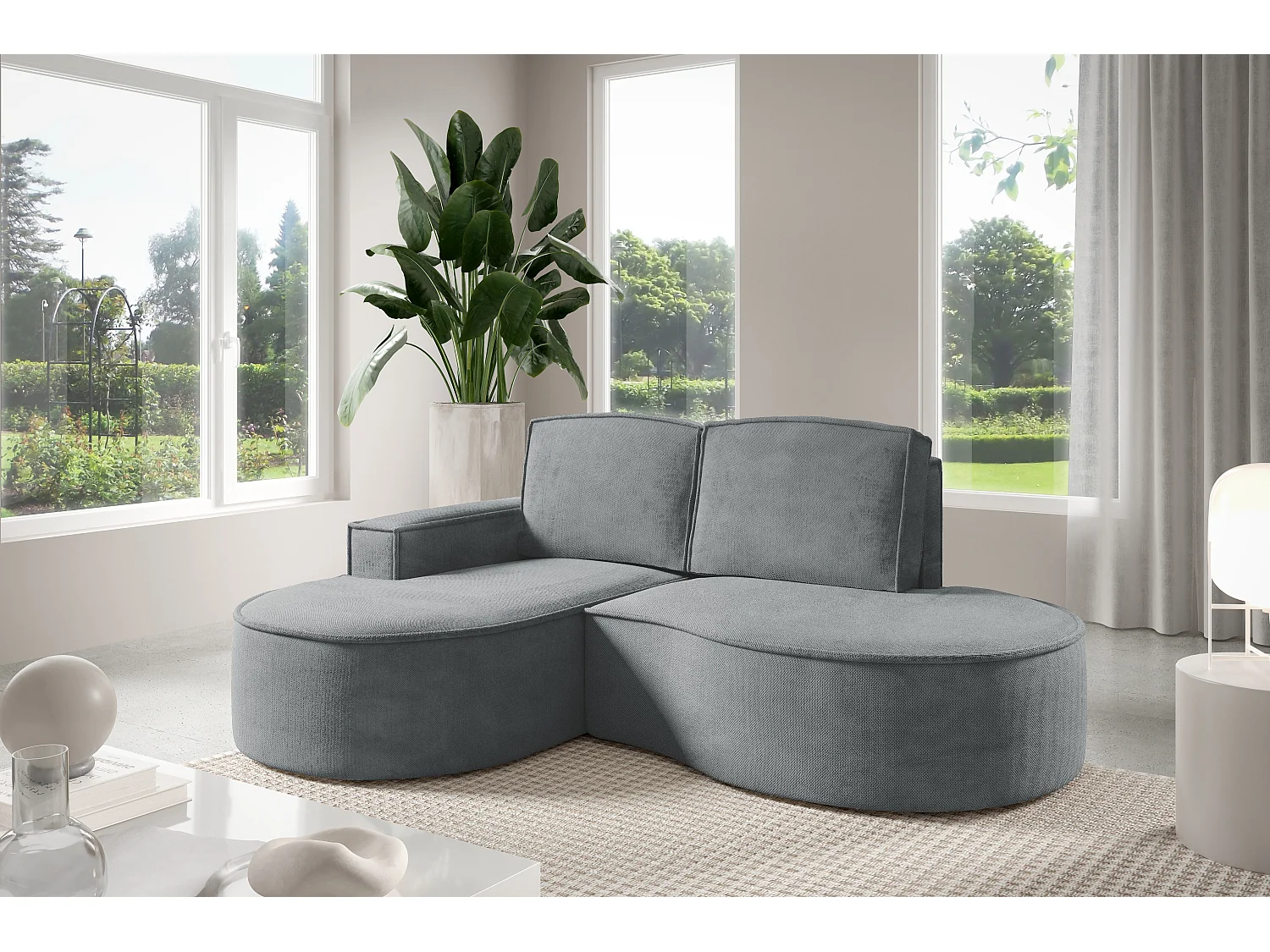 Canapé d'angle MOLLY sans couchage – Demi-lune, tissu Bouclé, coussins amovibles, revêtement doux, 210x157x88 cm, côté gauche gris