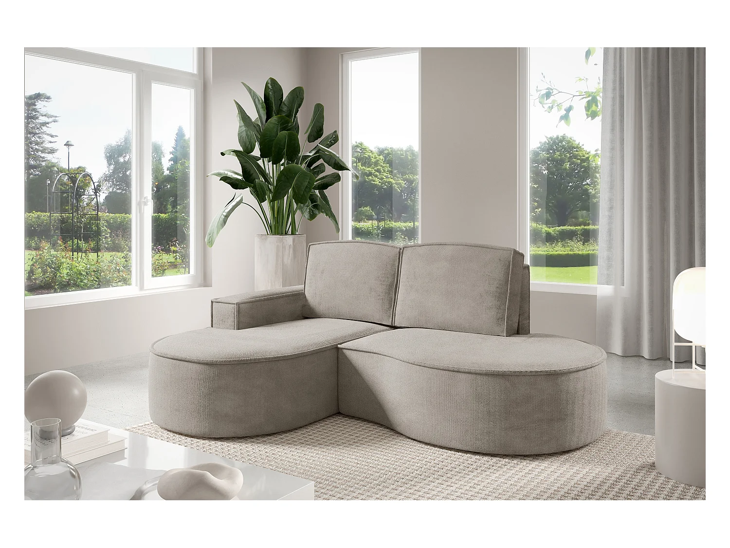 Canapé d'angle MOLLY sans couchage – Demi-lune, tissu Bouclé, coussins amovibles, revêtement doux, 210x157x88 cm, côté gauche frêne
