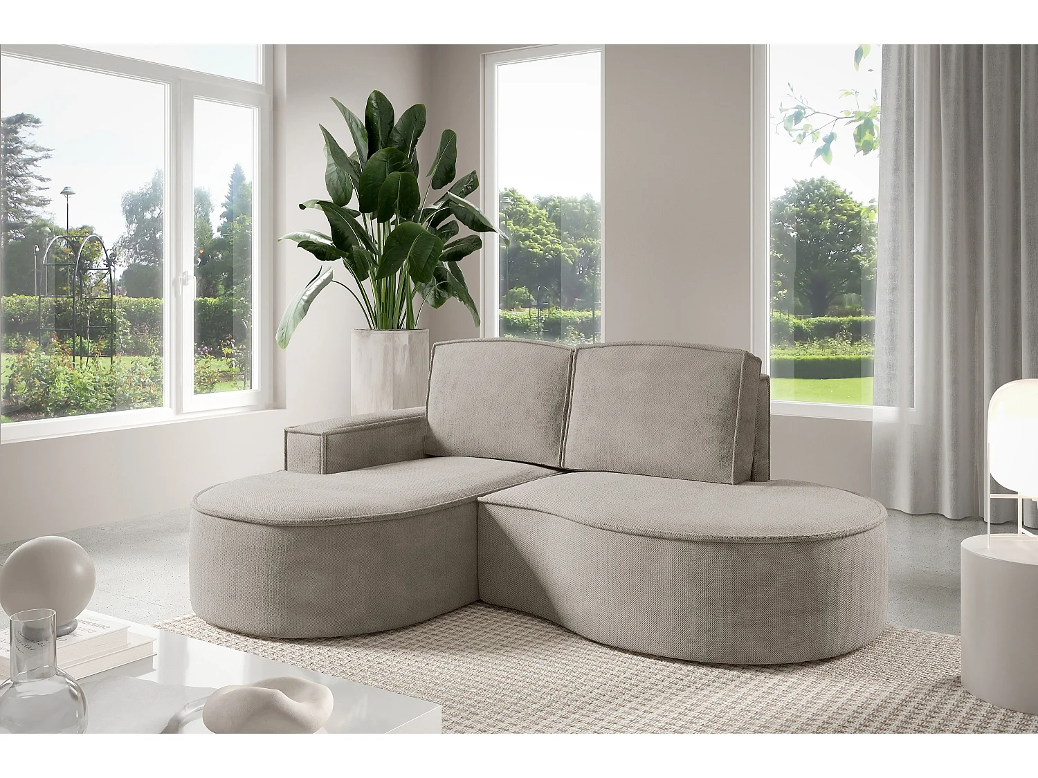 Canapé d'angle MOLLY sans couchage – Demi-lune, tissu Bouclé, coussins amovibles, revêtement doux, 210x157x88 cm, côté gauche frêne