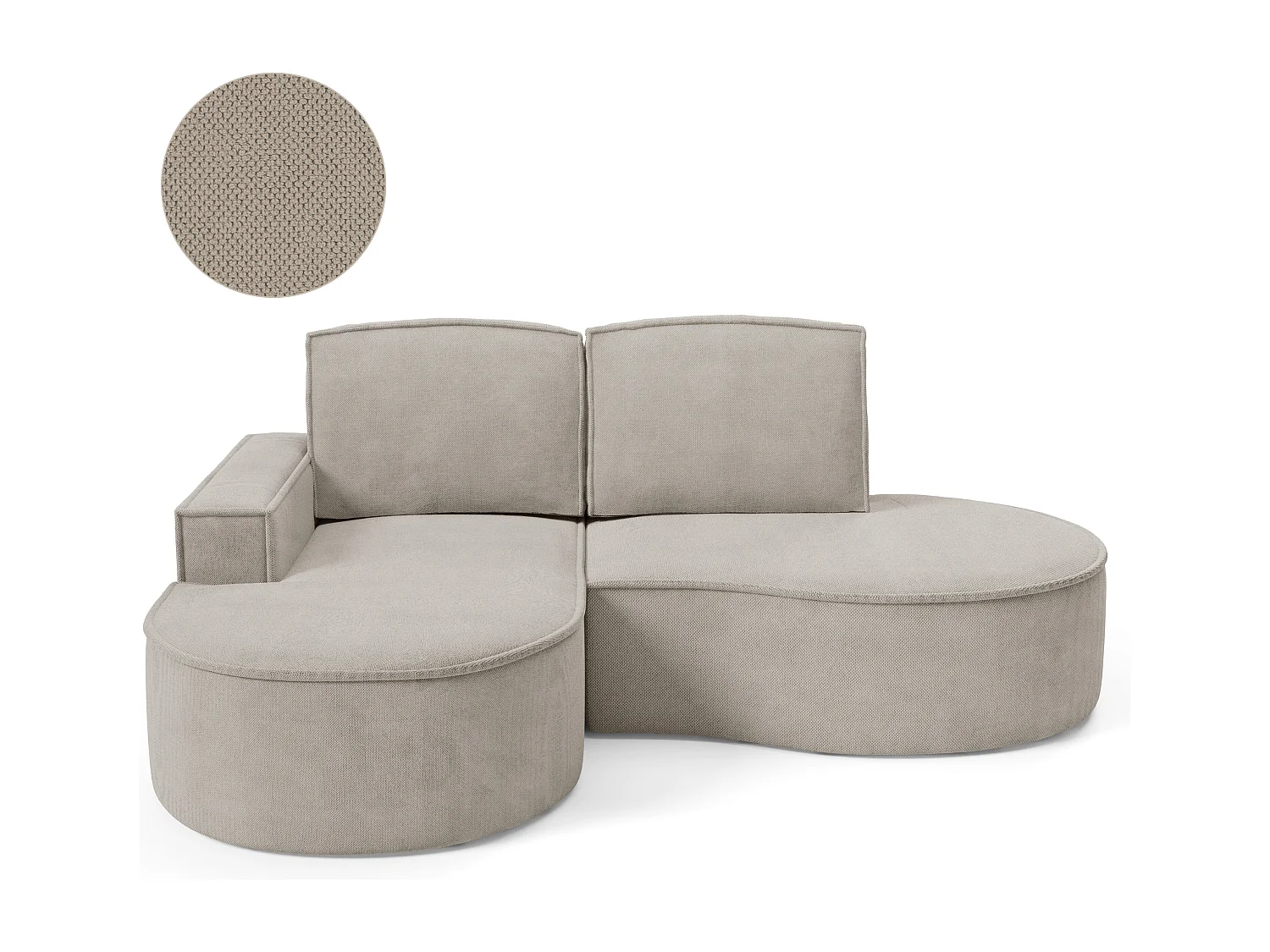 Canapé d'angle MOLLY sans couchage – Demi-lune, tissu Bouclé, coussins amovibles, revêtement doux, 210x157x88 cm, côté gauche frêne