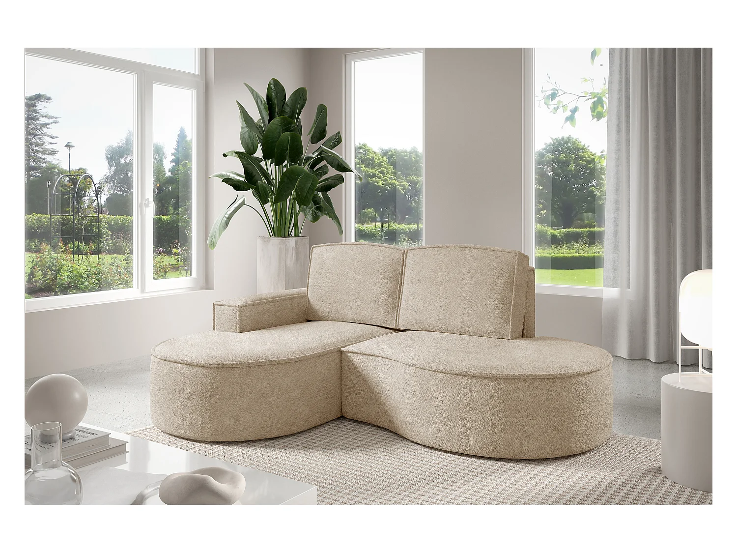 Canapé d'angle MOLLY – Semi-circulaire, Abriamo-Bouclé, Coussins libres, Revêtement bouclé, 210x157x88 cm, Gauche Beige