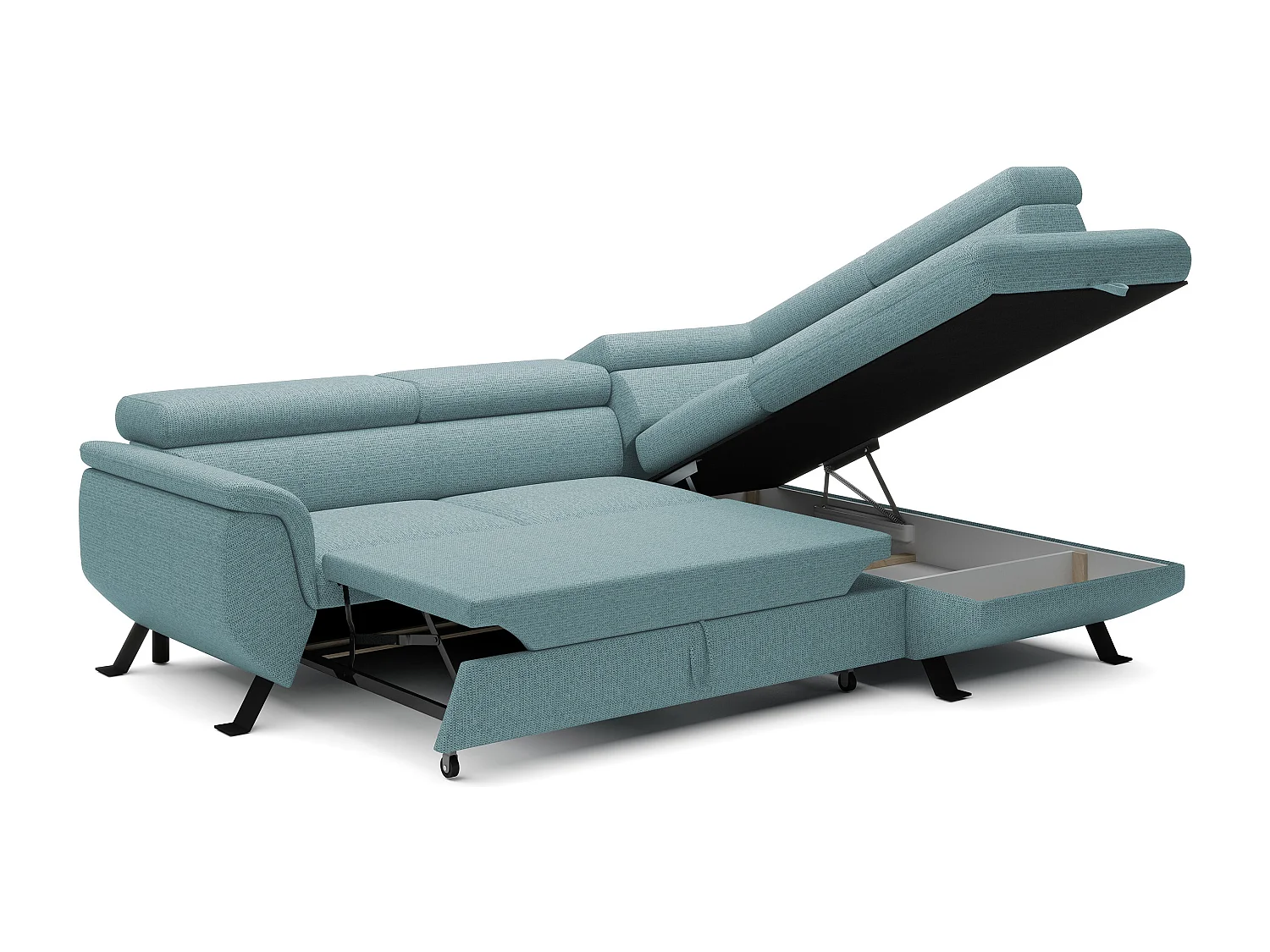 Canapé RAVEN L avec fonction de couchage, compartiment à literie, indépendant, rembourré avec têtières réglables 257x198x96 cm Côté droit Bleu clair