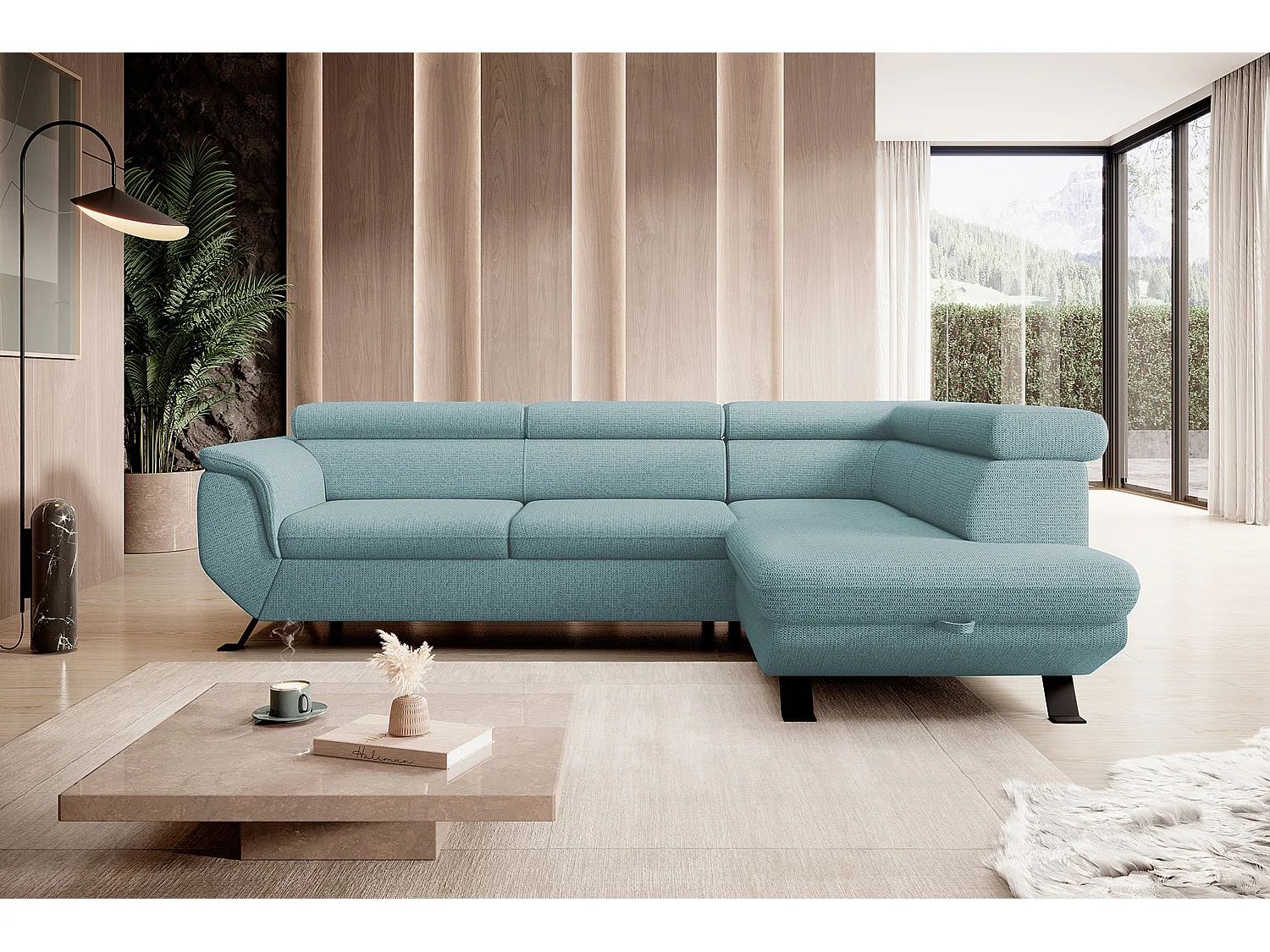 Canapé RAVEN L avec fonction de couchage, compartiment à literie, indépendant, rembourré avec têtières réglables 257x198x96 cm Côté droit Bleu clair