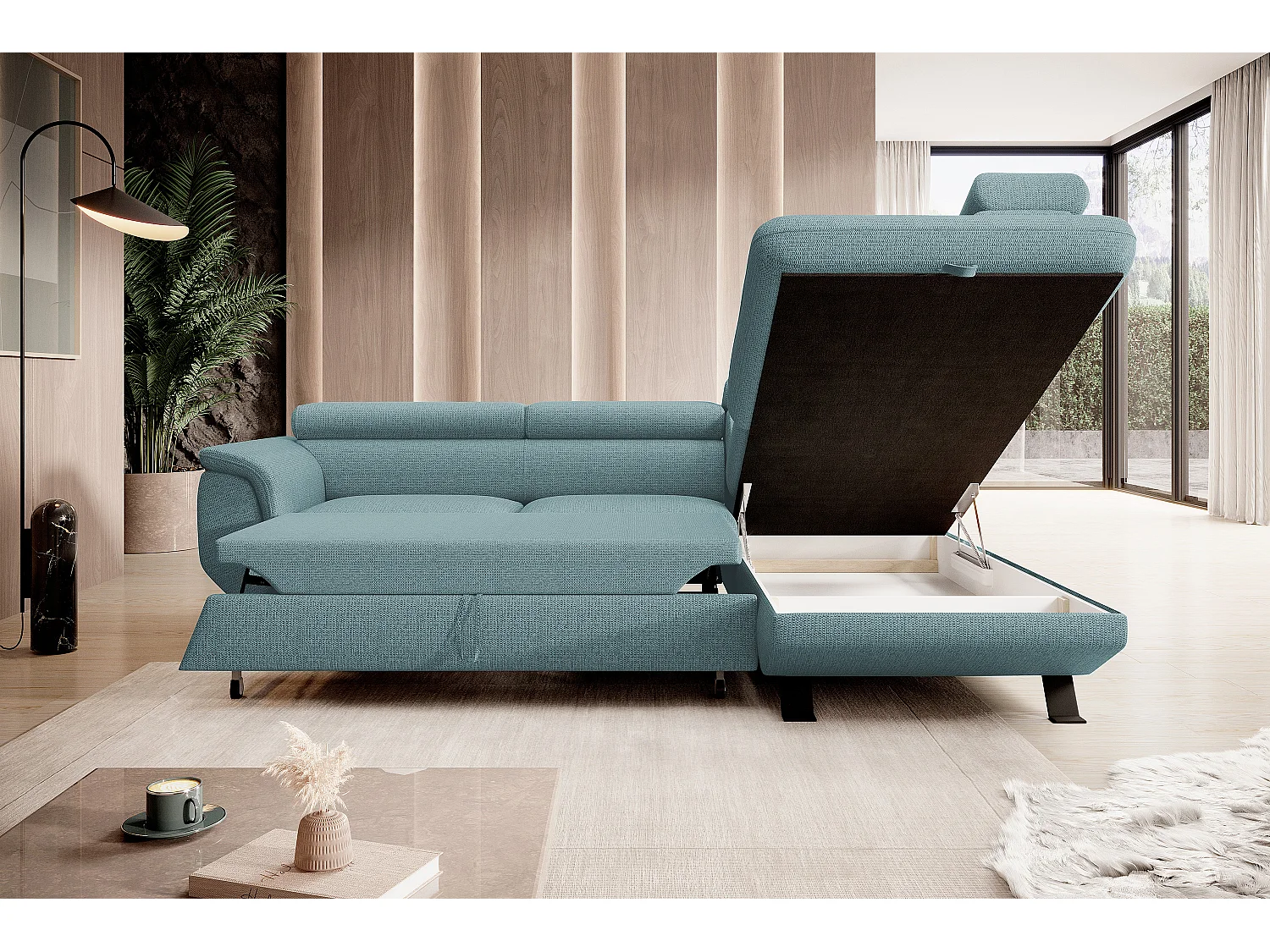 Canapé RAVEN L avec fonction de couchage, compartiment à literie, indépendant, rembourré avec têtières réglables 257x198x96 cm Côté droit Bleu clair