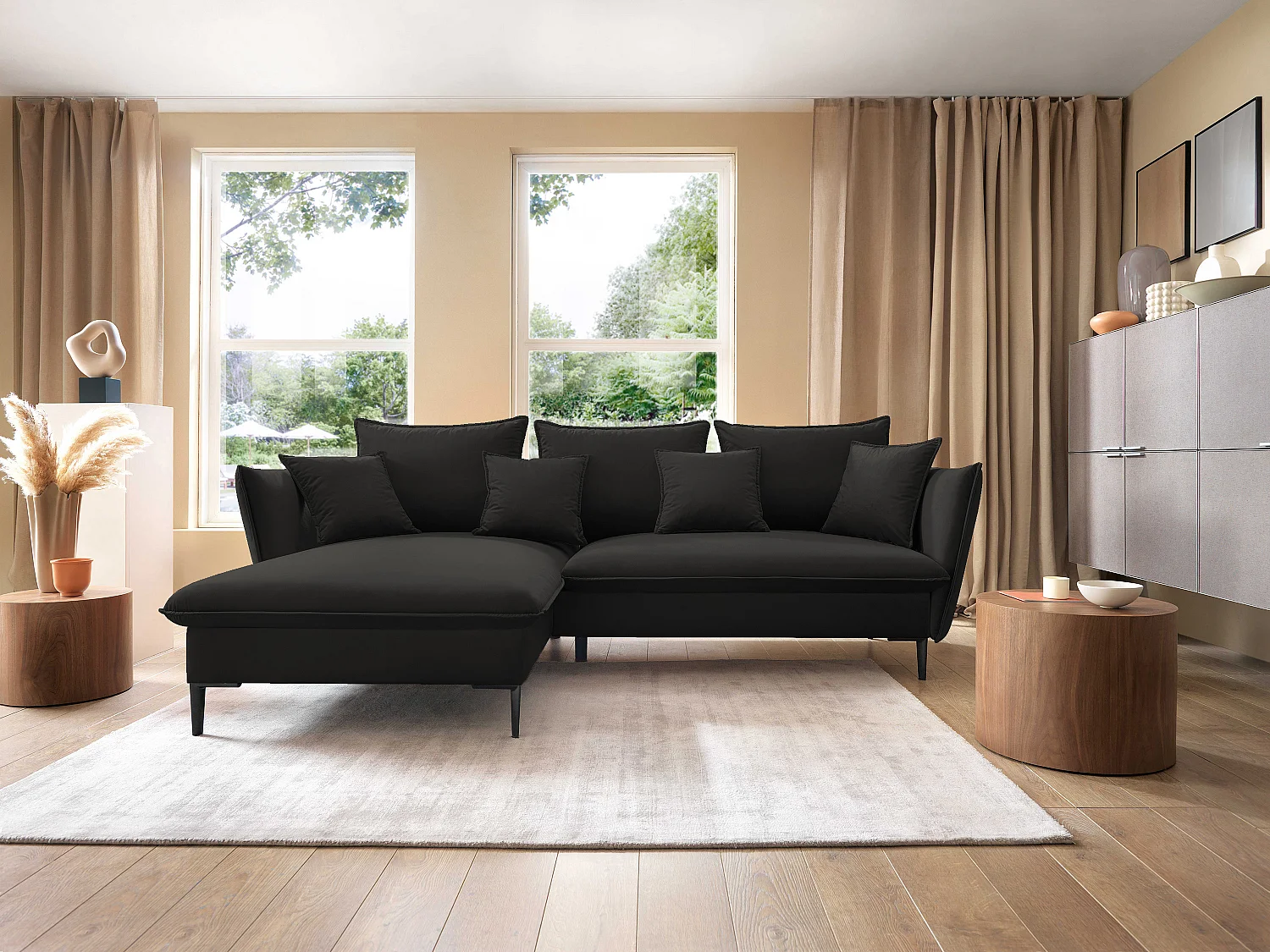 Ecksofa GLOSS mit Schlaffunktion, Ottomane & goldenen Füßen – Samtsofa im GLOSSour-Stil mit Zierkissen, 258x167x91cm, Linke Seite BEIGE