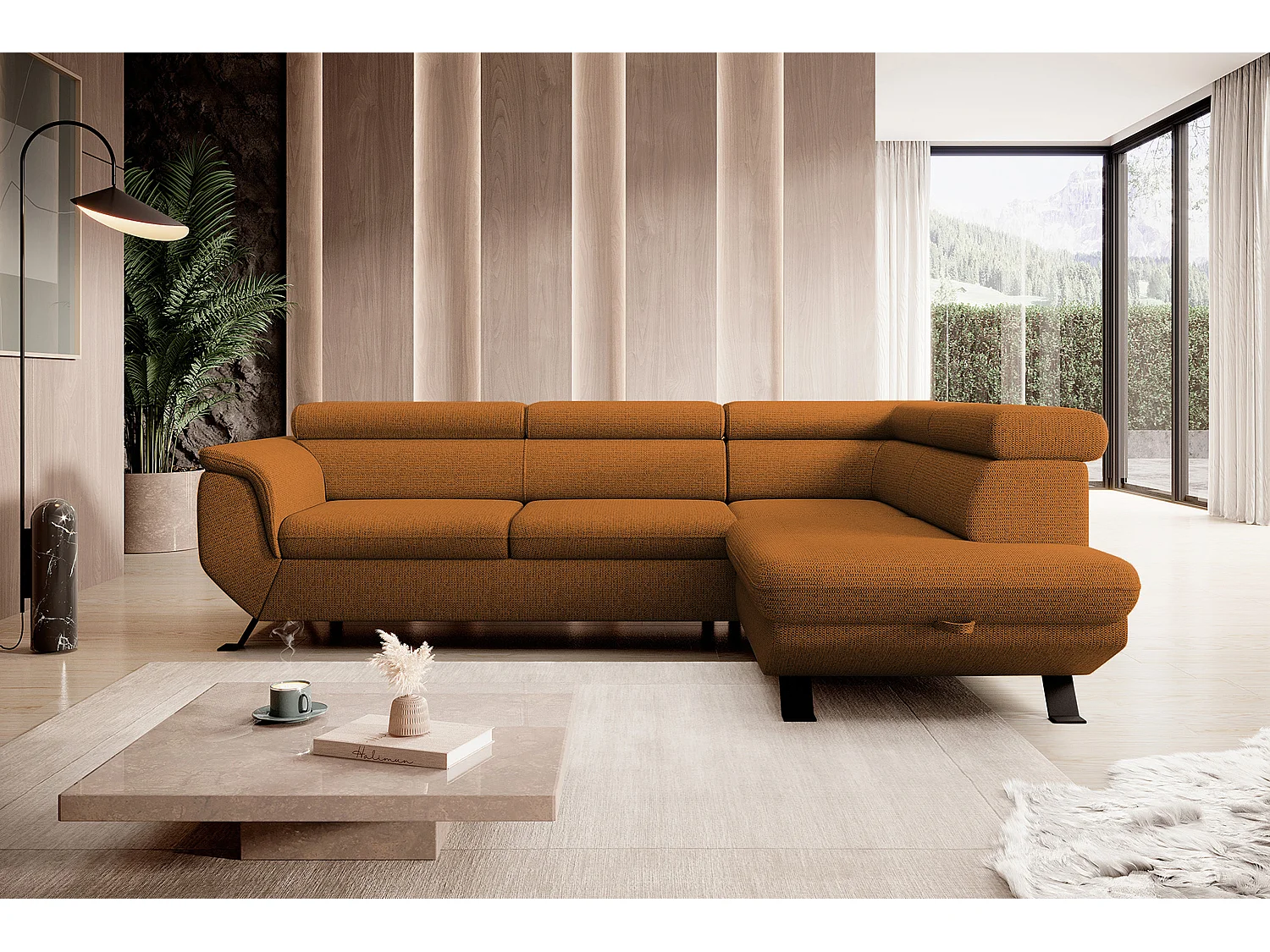 ECKSOFA RAVEN L mit Schlaffunktion und Bettkasten, Freistehend, Polstersofa mit Verstellbaren Kopfstützen, 257x198x96 cm, Rechte Seite, Braun