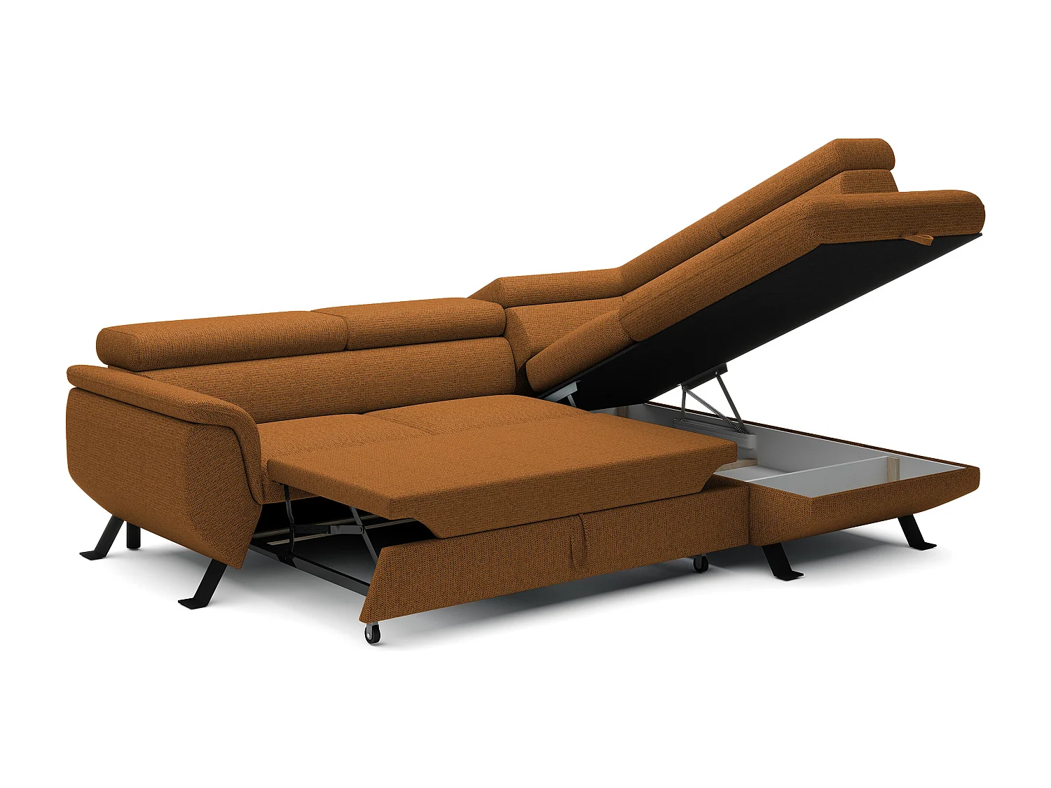 Canapé RAVEN L avec fonction de couchage, compartiment à literie, indépendant, rembourré avec têtières réglables 257x198x96 cm Côté droit Marron