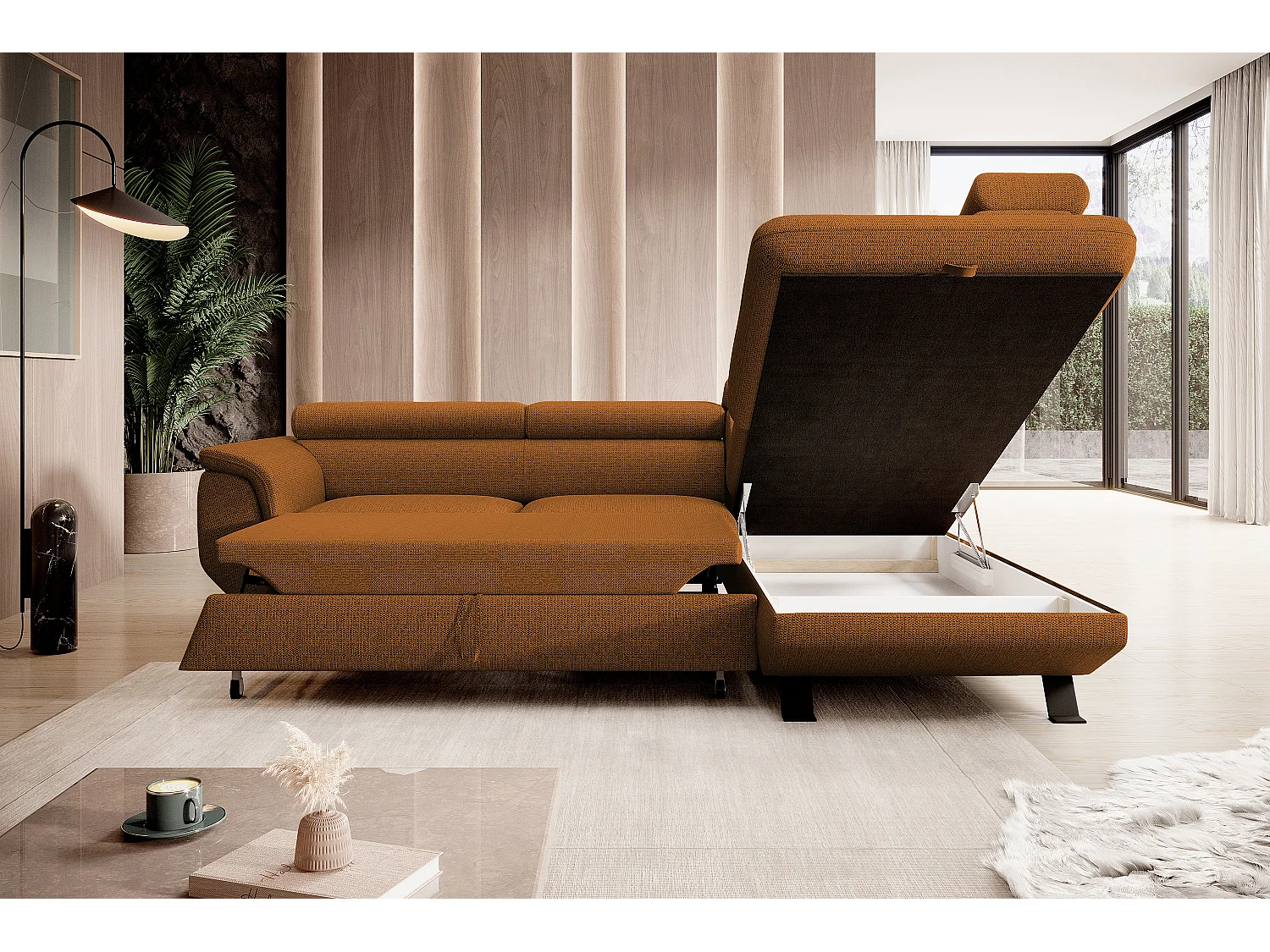 Canapé RAVEN L avec fonction de couchage, compartiment à literie, indépendant, rembourré avec têtières réglables 257x198x96 cm Côté droit Marron