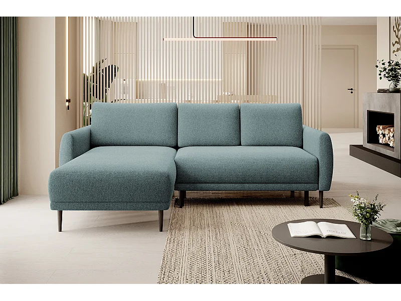 ECKSOFA BONO Sofa met slaapfunctie Stevige houten poten Stijlvolle armleggers Diepe zitting 226x164x88cm Linkerzijde Lichtblauw