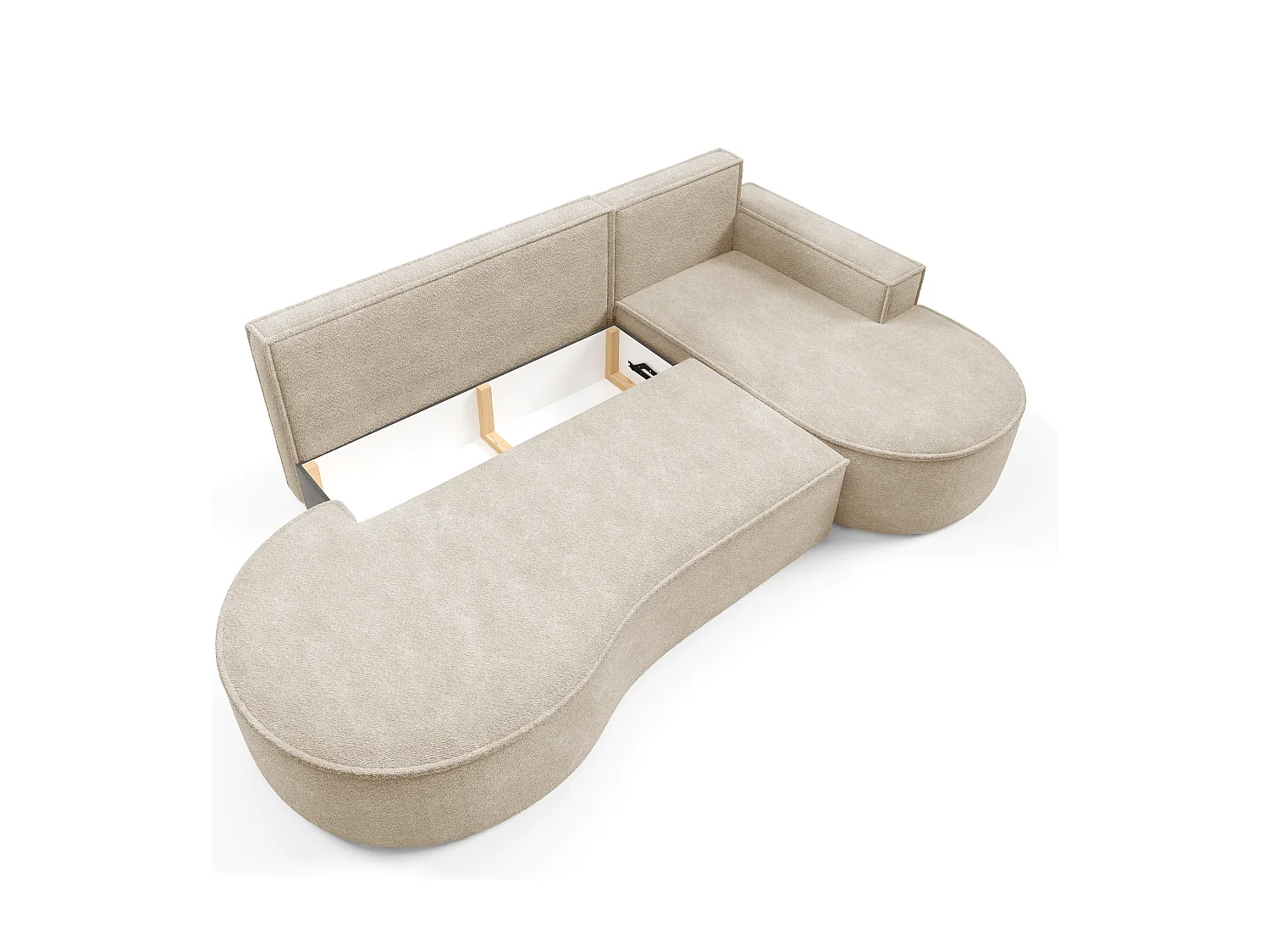 Canapé d'angle MOLLY avec couchage - Design arrondi, autoportant, 140x207 cm, 3 coussins, tissu Curio, 277x157x88 cm, côté droit beige