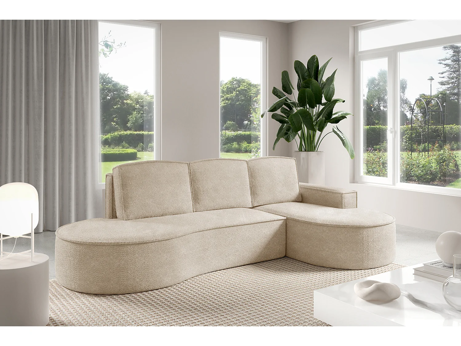 Canapé d'angle MOLLY avec couchage - Design arrondi, autoportant, 140x207 cm, 3 coussins, tissu Curio, 277x157x88 cm, côté droit beige