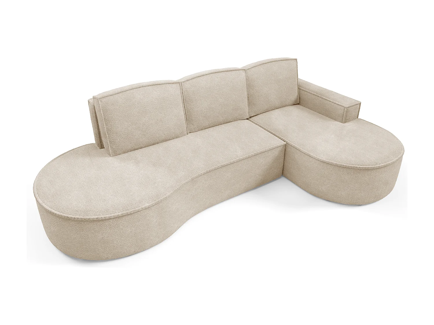 Canapé d'angle MOLLY avec couchage - Design arrondi, autoportant, 140x207 cm, 3 coussins, tissu Curio, 277x157x88 cm, côté droit beige