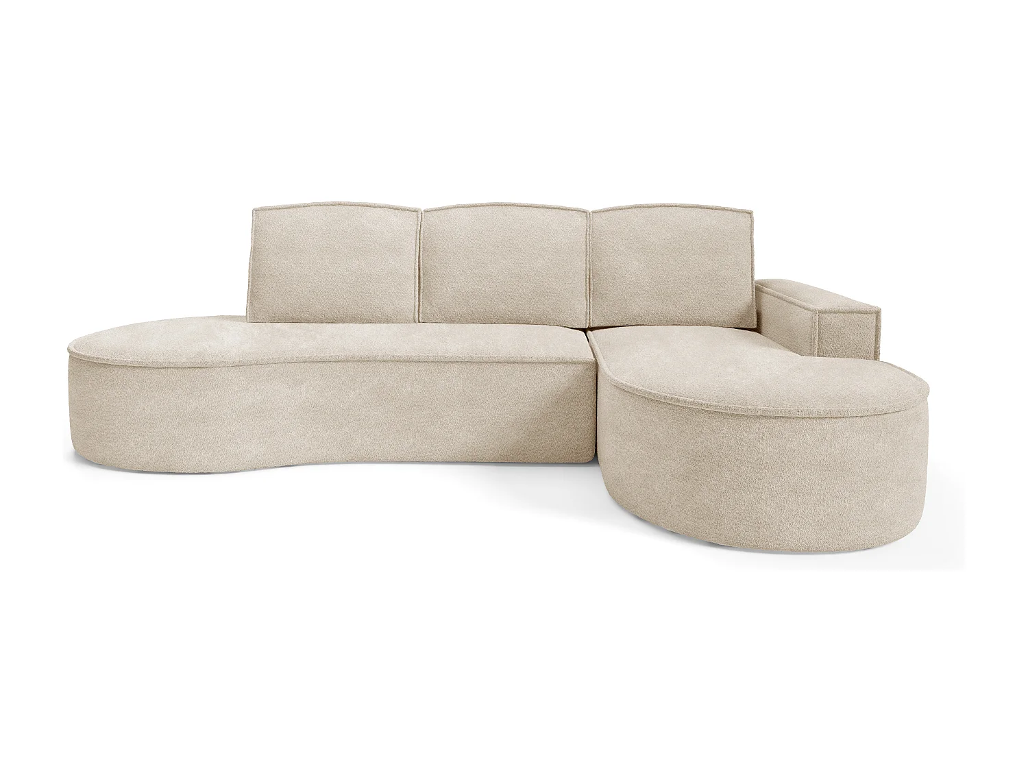 Canapé d'angle MOLLY avec couchage - Design arrondi, autoportant, 140x207 cm, 3 coussins, tissu Curio, 277x157x88 cm, côté droit beige
