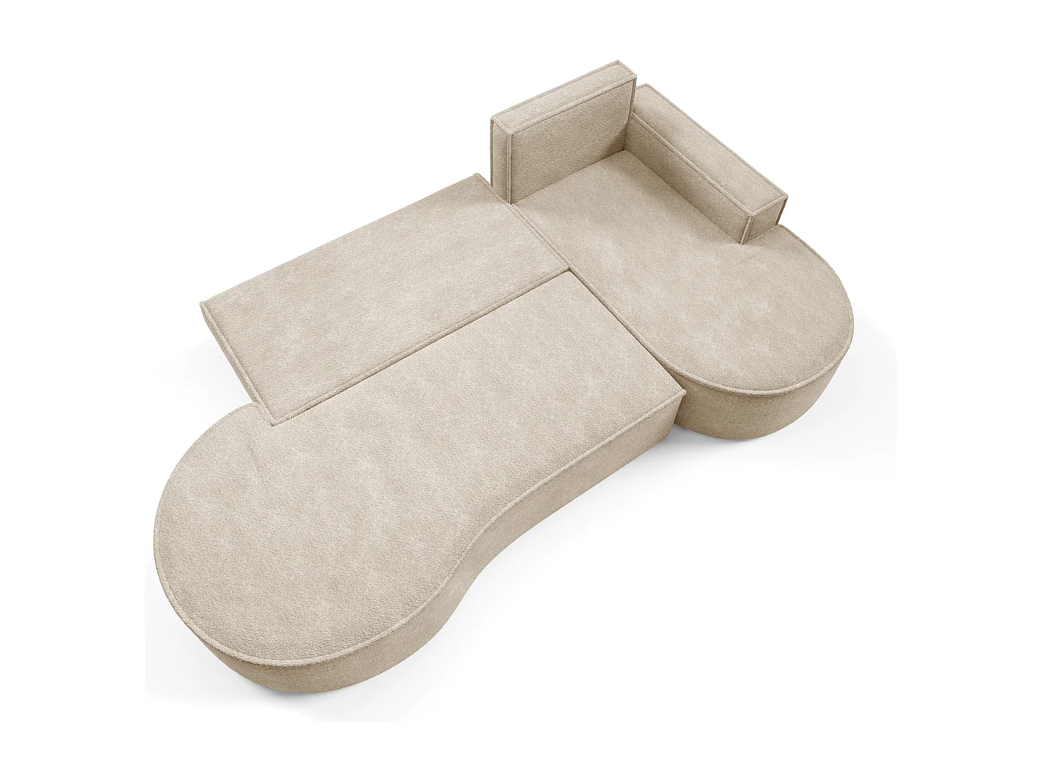 Canapé d'angle MOLLY avec couchage - Design arrondi, autoportant, 140x207 cm, 3 coussins, tissu Curio, 277x157x88 cm, côté droit beige