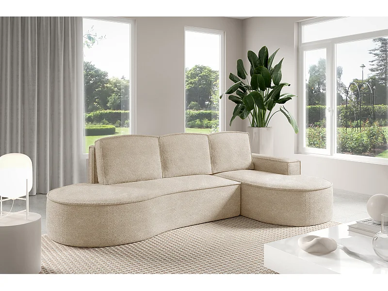 Canapé d'angle MOLLY avec couchage - Design arrondi, autoportant, 140x207 cm, 3 coussins, tissu Curio, 277x157x88 cm, côté droit beige