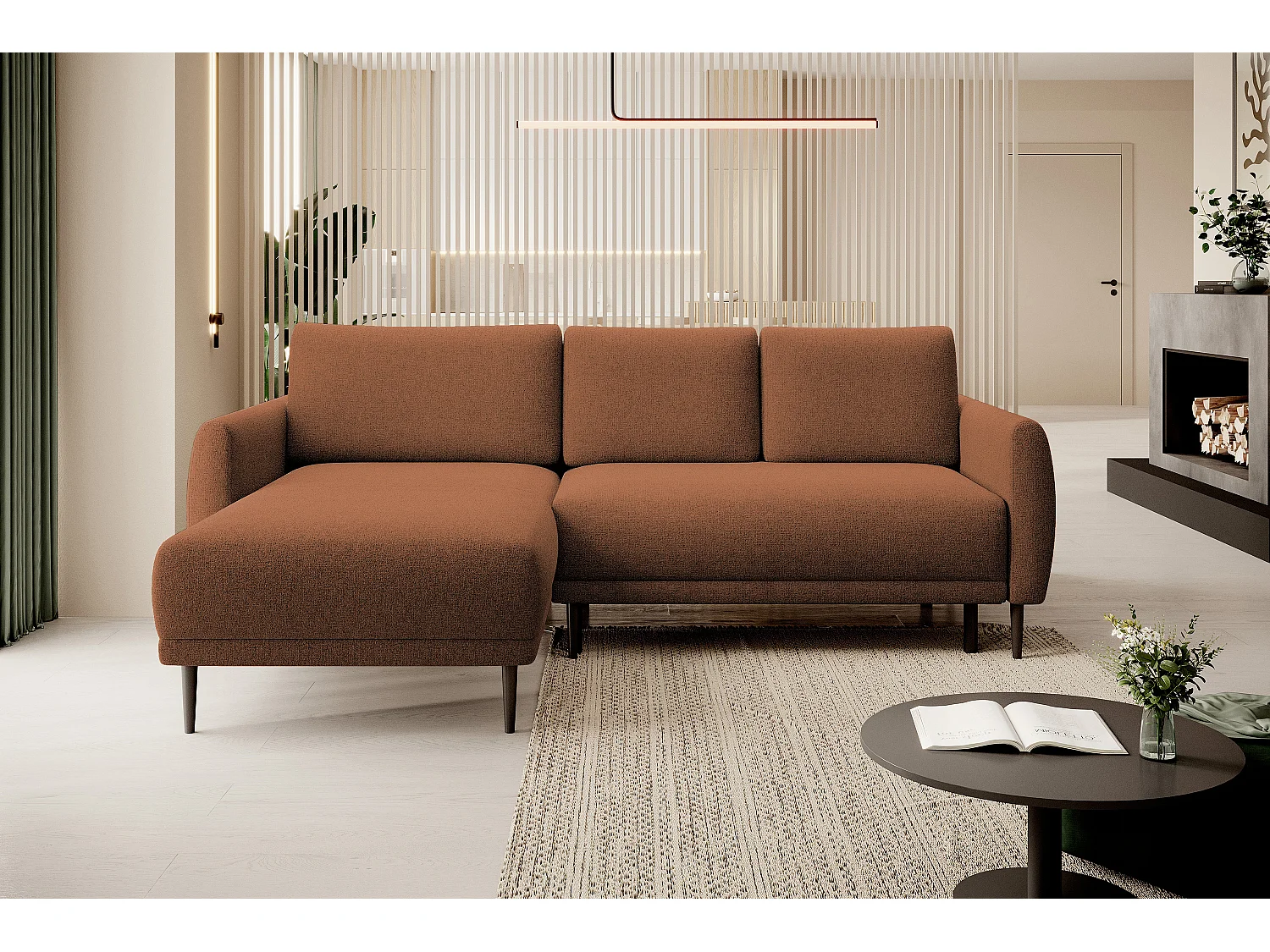 ECKSOFA BONO Stilvolles Sofa mit Schlaffunktion, Robuste Holzfüße, Elegante Armlehnen, Tiefe Sitzfläche 226x164x88cm, Linke Seite Braun