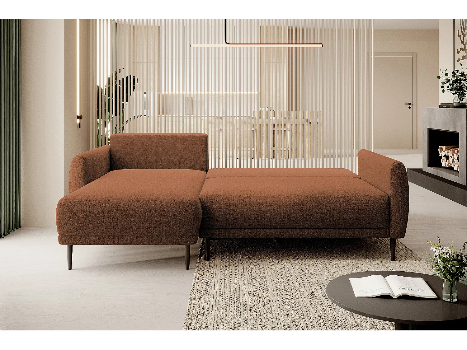 ECKSOFA BONO Stilvolles Sofa mit Schlaffunktion, Robuste Holzfüße, Elegante Armlehnen, Tiefe Sitzfläche 226x164x88cm, Linke Seite Braun