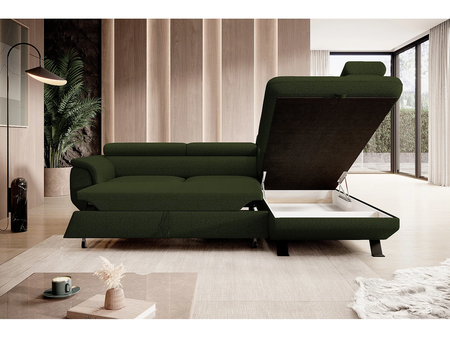 Canapé RAVEN L avec fonction de couchage, compartiment à literie, indépendant, rembourré avec têtières réglables 257x198x96 cm Côté droit Vert foncé