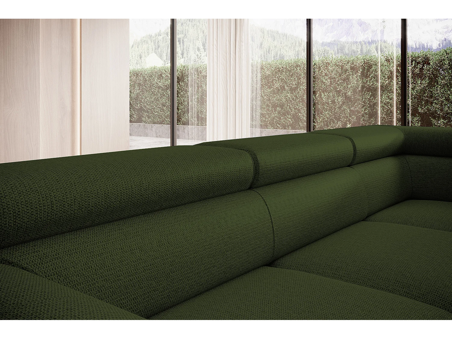 Canapé RAVEN L avec fonction de couchage, compartiment à literie, indépendant, rembourré avec têtières réglables 257x198x96 cm Côté droit Vert foncé