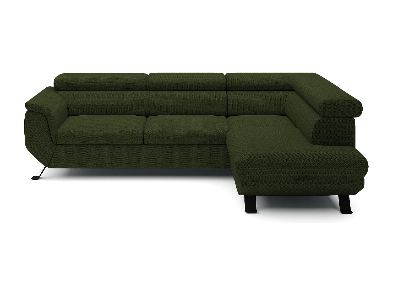 Canapé RAVEN L avec fonction de couchage, compartiment à literie, indépendant, rembourré avec têtières réglables 257x198x96 cm Côté droit Vert foncé