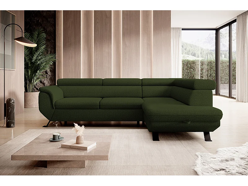 Canapé RAVEN L avec fonction de couchage, compartiment à literie, indépendant, rembourré avec têtières réglables 257x198x96 cm Côté droit Vert foncé