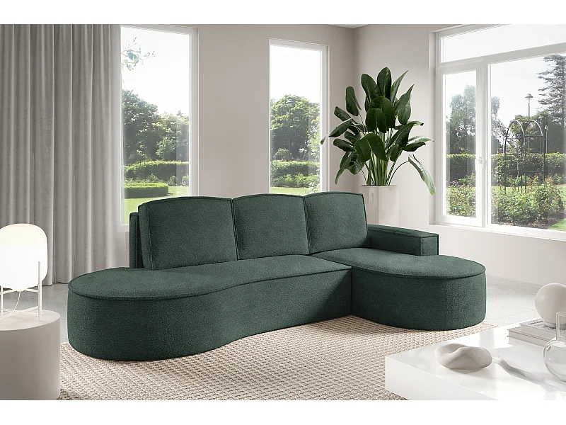 Canapé d'angle MOLLY avec couchage - Design arrondi, autoportant, 140x207 cm, 3 coussins, tissu Curio, 277x157x88 cm, côté droit vert