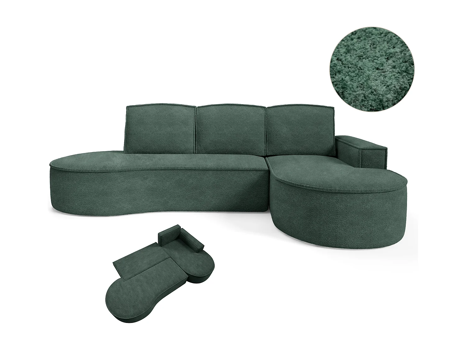 Canapé d'angle MOLLY avec couchage - Design arrondi, autoportant, 140x207 cm, 3 coussins, tissu Curio, 277x157x88 cm, côté droit vert