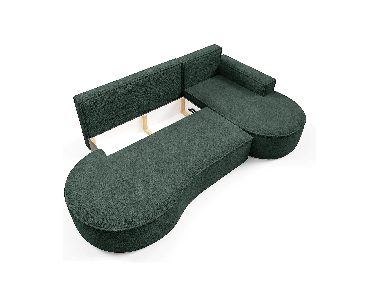 Canapé d'angle MOLLY avec couchage - Design arrondi, autoportant, 140x207 cm, 3 coussins, tissu Curio, 277x157x88 cm, côté droit vert