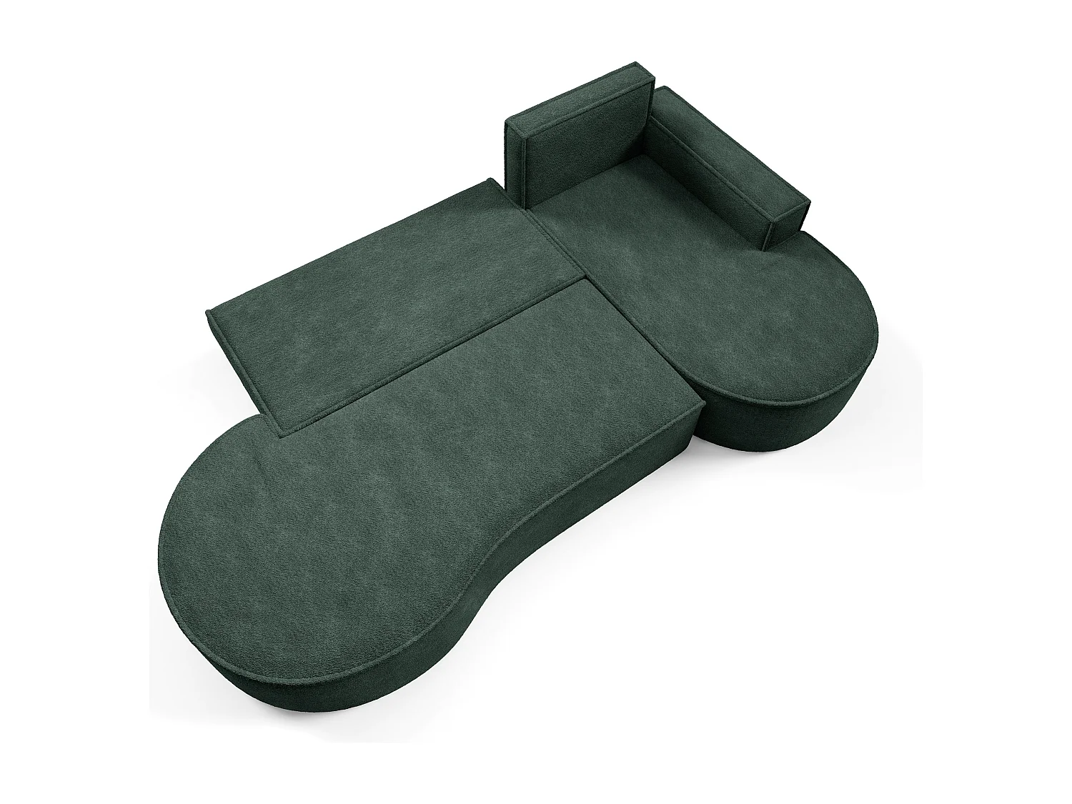 Canapé d'angle MOLLY avec couchage - Design arrondi, autoportant, 140x207 cm, 3 coussins, tissu Curio, 277x157x88 cm, côté droit vert