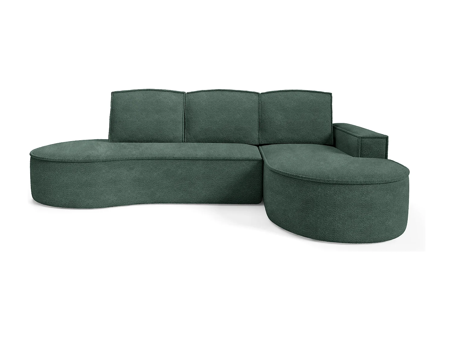 Canapé d'angle MOLLY avec couchage - Design arrondi, autoportant, 140x207 cm, 3 coussins, tissu Curio, 277x157x88 cm, côté droit vert