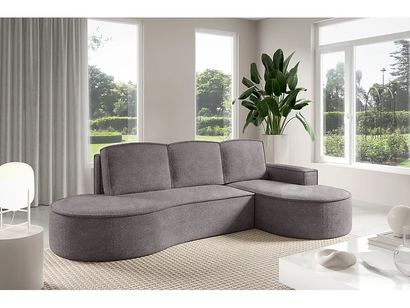 Canapé d'angle MOLLY avec couchage - Design arrondi, autoportant, 140x207 cm, 3 coussins, tissu Curio, 277x157x88 cm, côté droit gris soie