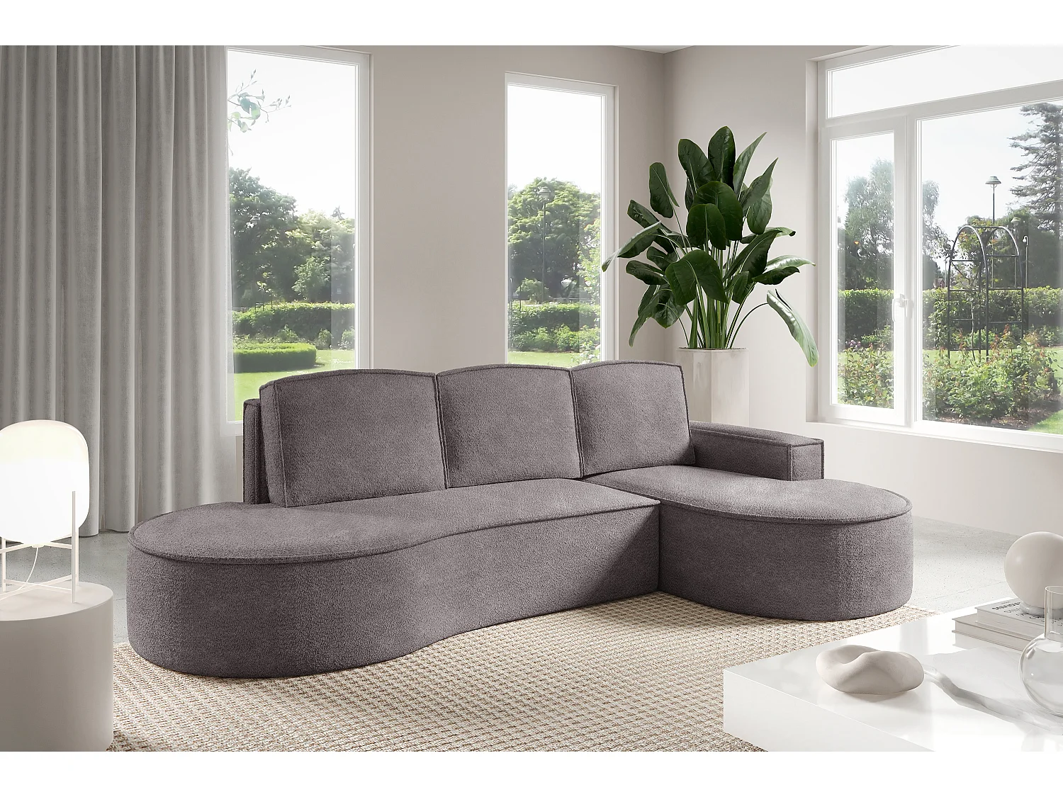 Ecksofa MOLLY mit Schlaffunktion – Halbrund, freistehend, Liegefläche 140x207 cm, 3 Kissen, Curio-Stoff, 277x157x88 cm, Rechts Grau Seide