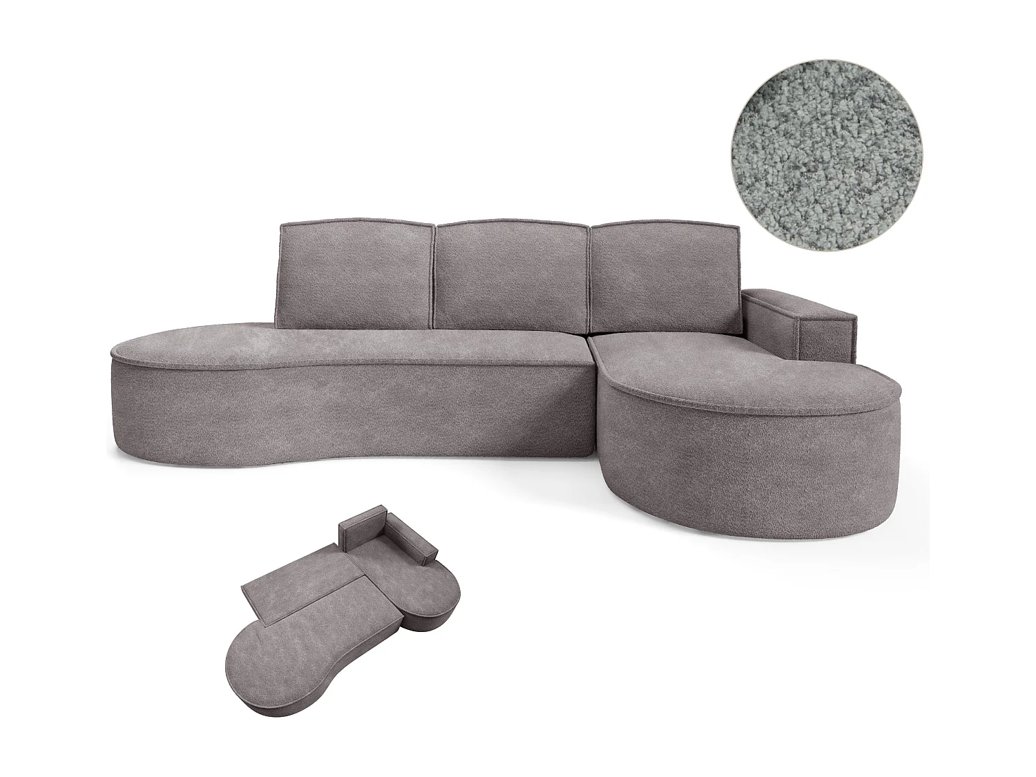 Ecksofa MOLLY mit Schlaffunktion – Halbrund, freistehend, Liegefläche 140x207 cm, 3 Kissen, Curio-Stoff, 277x157x88 cm, Rechts Grau Seide