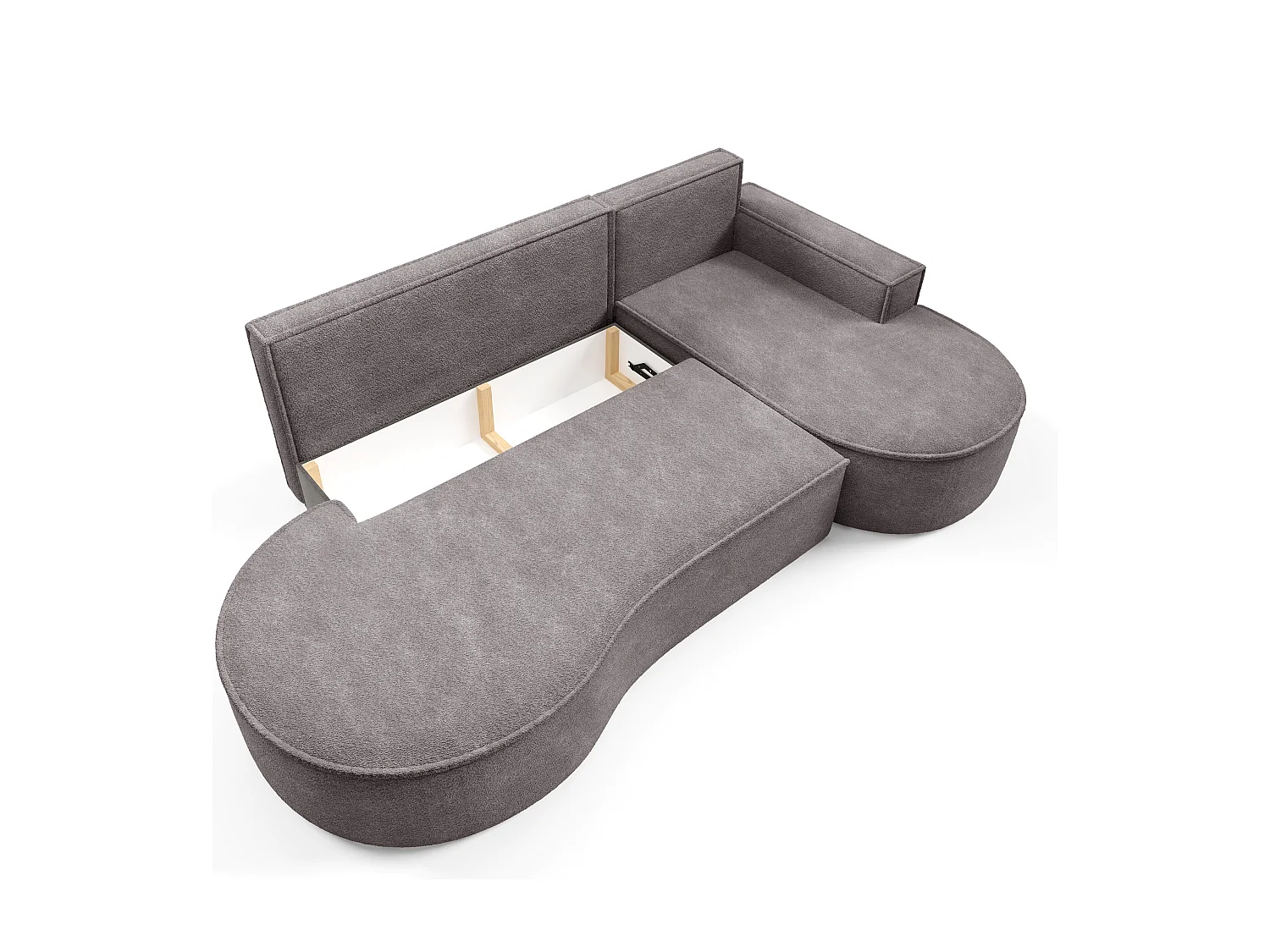 Canapé d'angle MOLLY avec couchage - Design arrondi, autoportant, 140x207 cm, 3 coussins, tissu Curio, 277x157x88 cm, côté droit gris soie