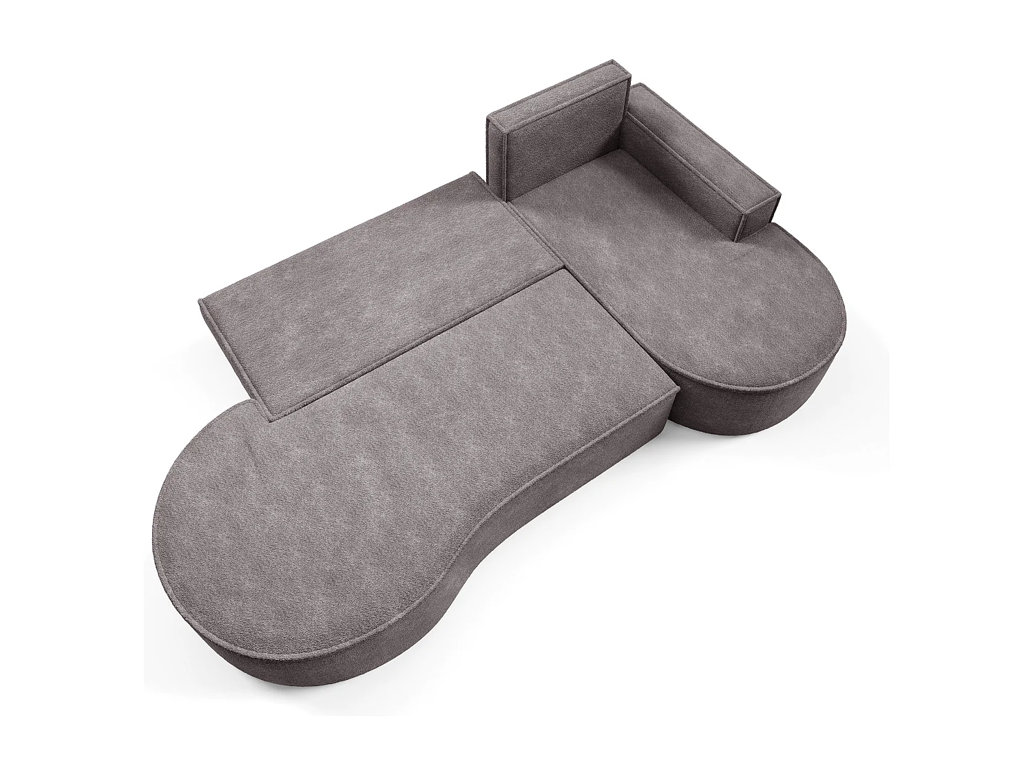 Canapé d'angle MOLLY avec couchage - Design arrondi, autoportant, 140x207 cm, 3 coussins, tissu Curio, 277x157x88 cm, côté droit gris soie