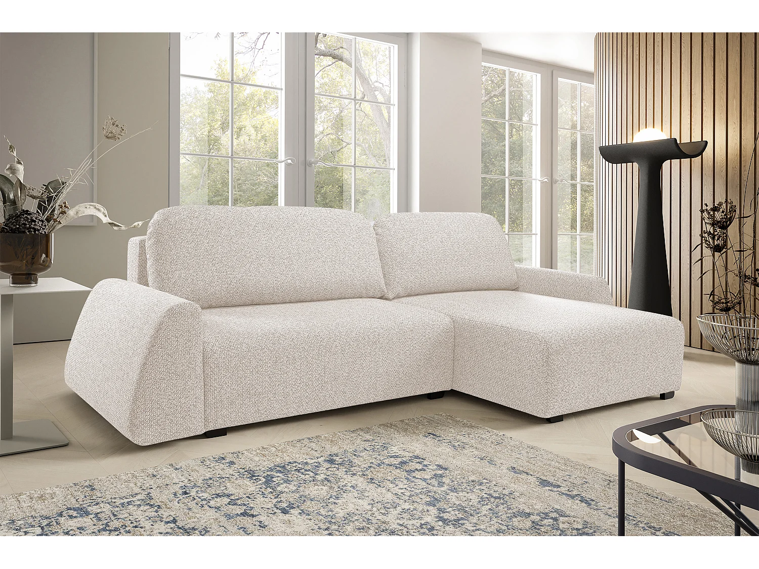 Canapé d'angle ALMI 160x275 cm, couchage, coffre, ressorts, assise confortable, côté droit, beige