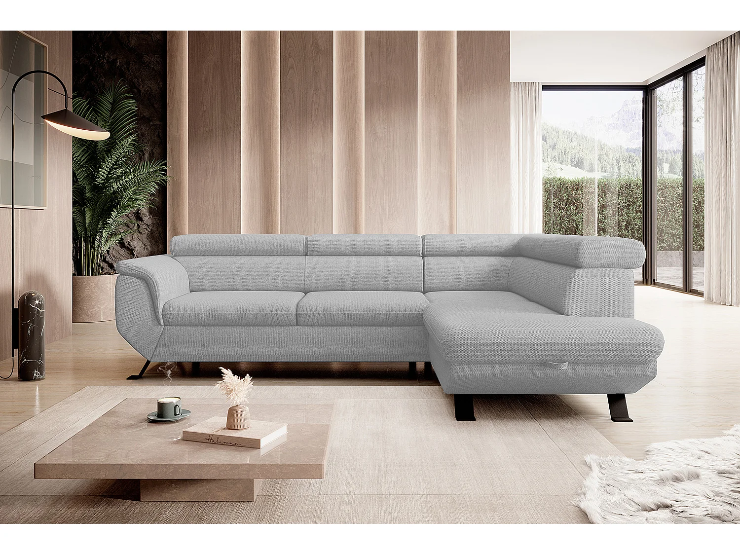 ECKSOFA RAVEN L mit Schlaffunktion und Bettkasten, Freistehend, Polstersofa mit Verstellbaren Kopfstützen, 257x198x96 cm, Rechte Seite, Esche