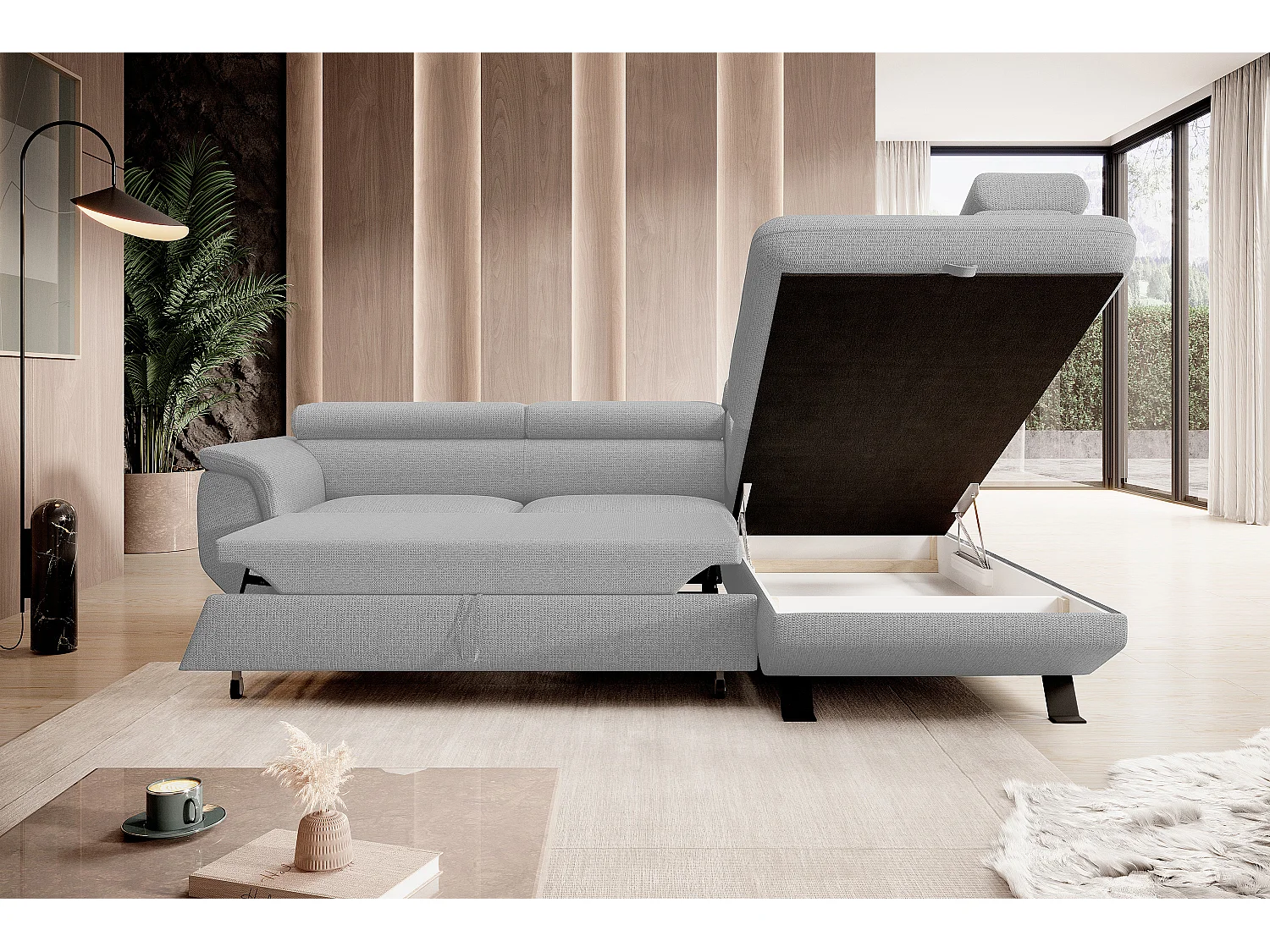 ECKSOFA RAVEN L mit Schlaffunktion und Bettkasten, Freistehend, Polstersofa mit Verstellbaren Kopfstützen, 257x198x96 cm, Rechte Seite, Esche