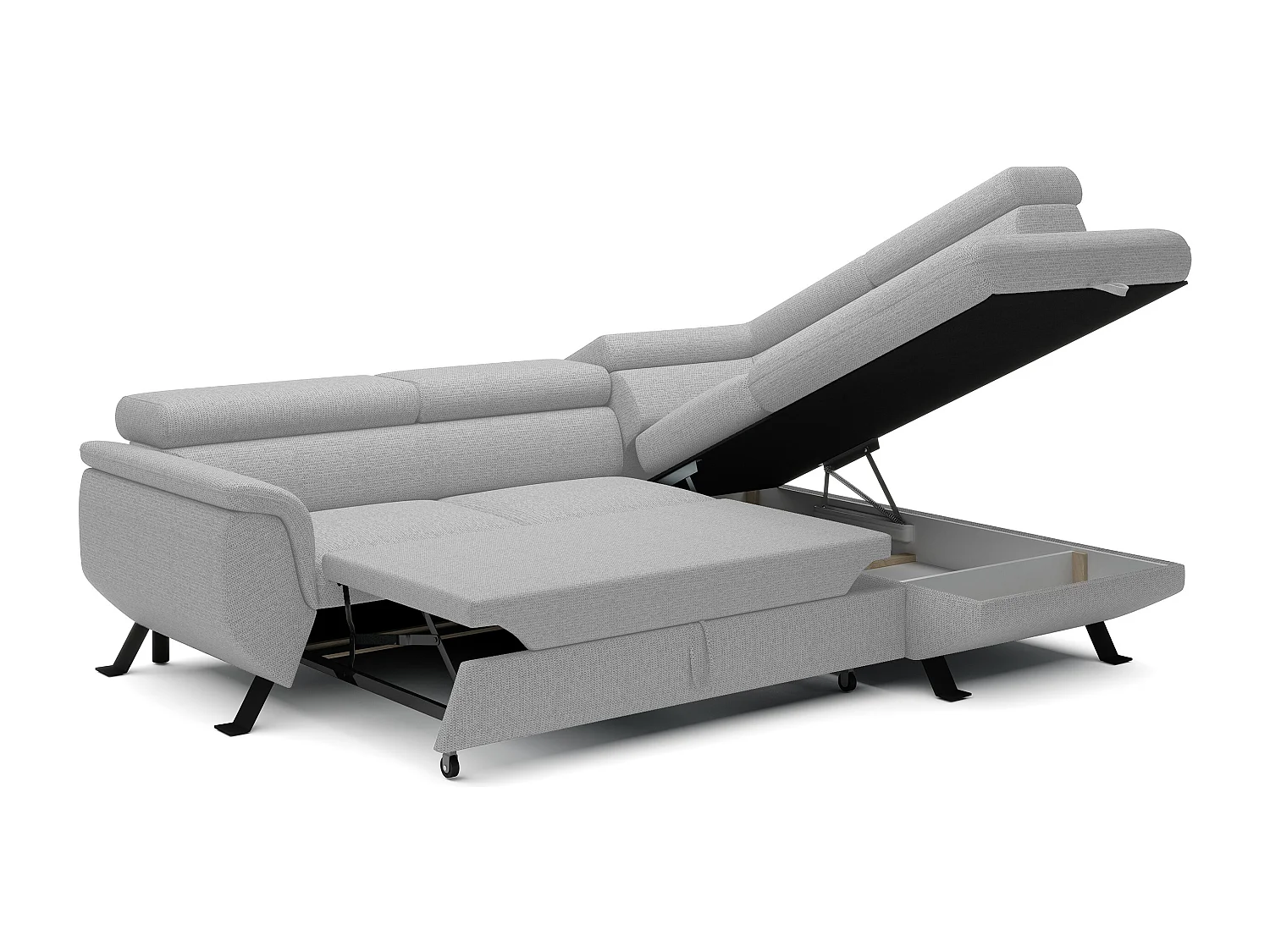 Canapé RAVEN L avec fonction de couchage, compartiment à literie, indépendant, rembourré avec têtières réglables 257x198x96 cm Côté droit Gris cendré