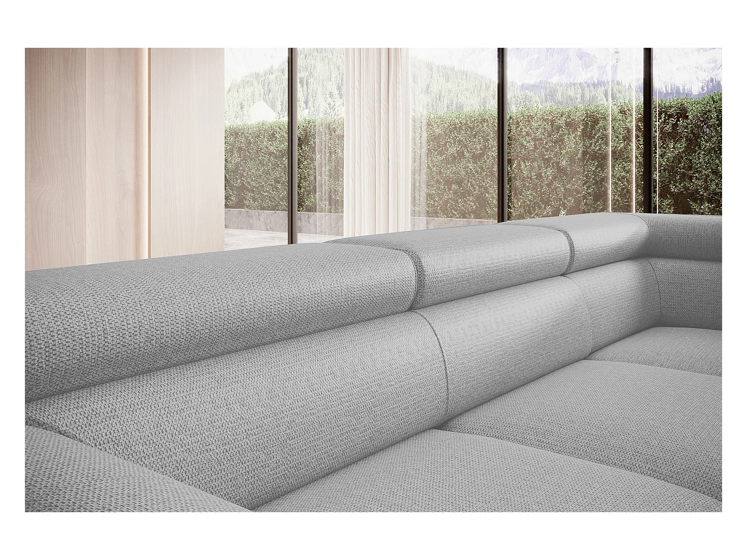 Canapé RAVEN L avec fonction de couchage, compartiment à literie, indépendant, rembourré avec têtières réglables 257x198x96 cm Côté droit Gris cendré