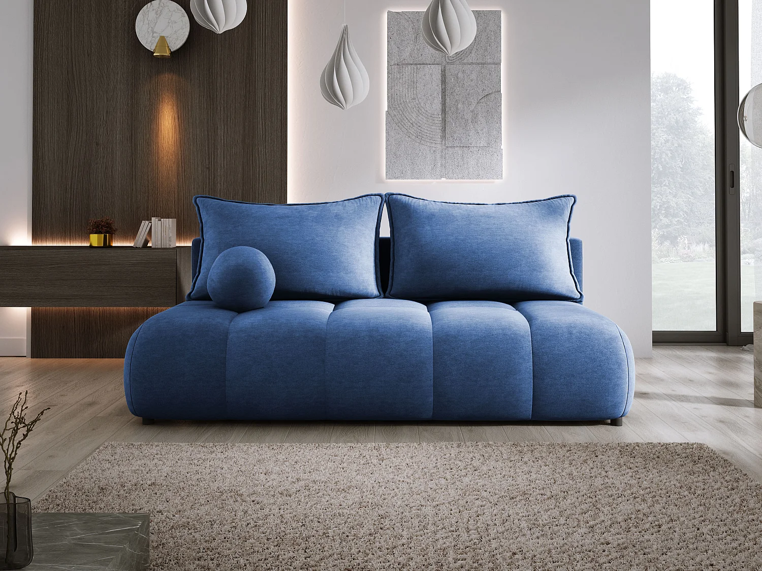 Sofa COCO MINI Schlafsofa mit Bettfunktion, CLOUD Stoff, 2-Sitzer, freistehend, 205x105x97cm, Farbe: Blau