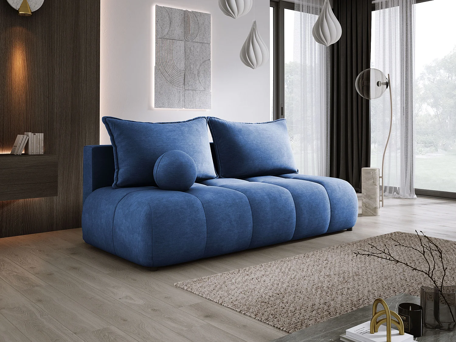 Sofa COCO MINI convertible avec couchage, tissu CLOUD, 2 places, autoportant, 205x105x97 cm, couleur : Bleu