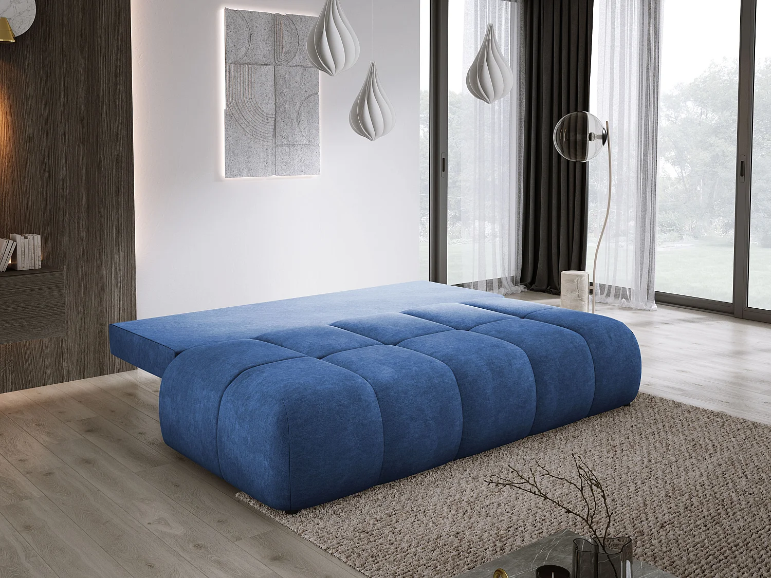 Sofa COCO MINI convertible avec couchage, tissu CLOUD, 2 places, autoportant, 205x105x97 cm, couleur : Bleu