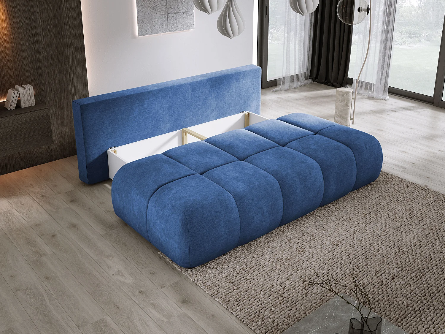 Sofa COCO MINI convertible avec couchage, tissu CLOUD, 2 places, autoportant, 205x105x97 cm, couleur : Bleu