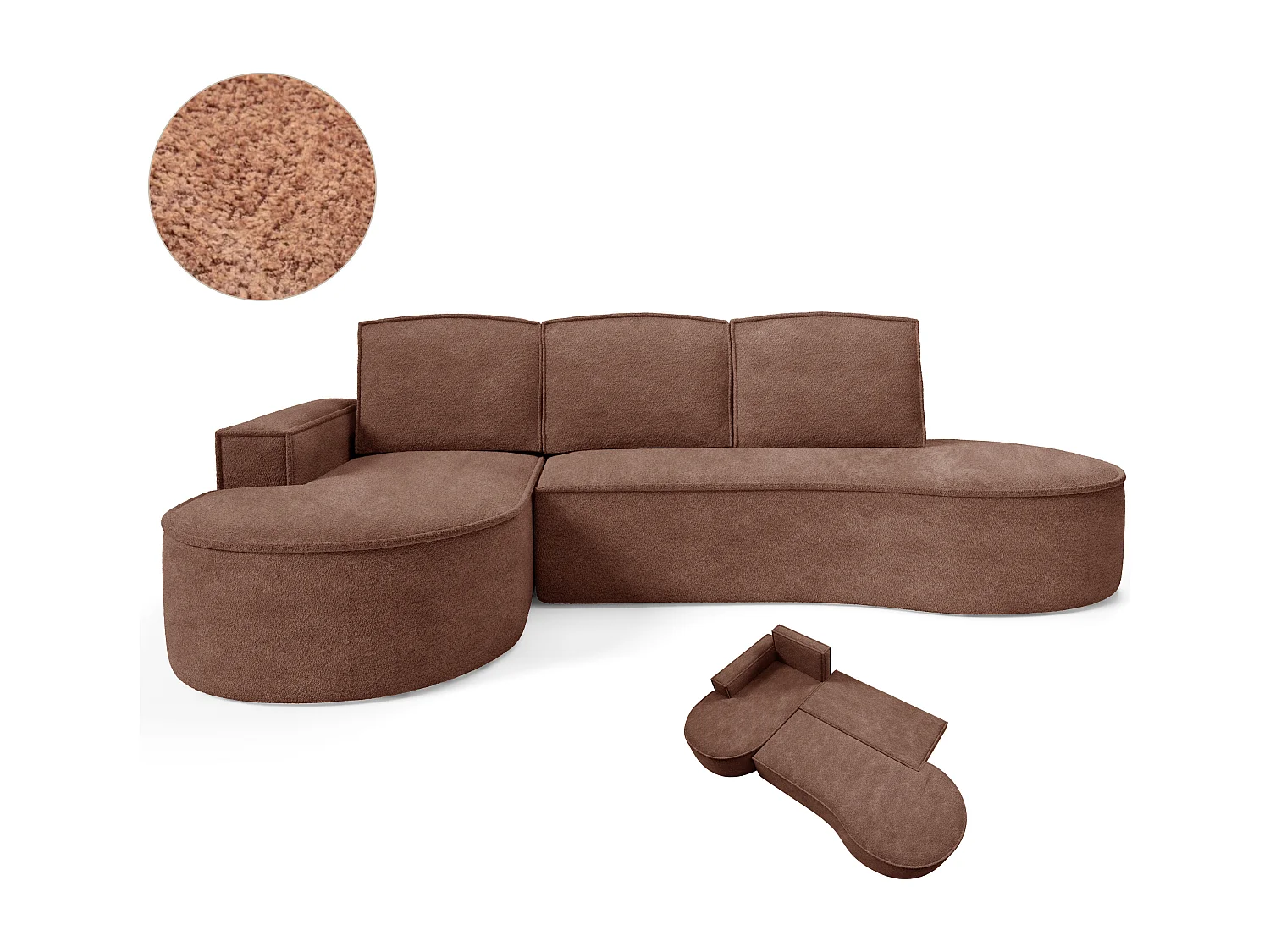 Ecksofa MOLLY mit Schlaffunktion – Halbrund, freistehend, Liegefläche 140x207 cm, 3 Kissen, Abriamo-Stoff, 277x157x88 cm, Links Braun