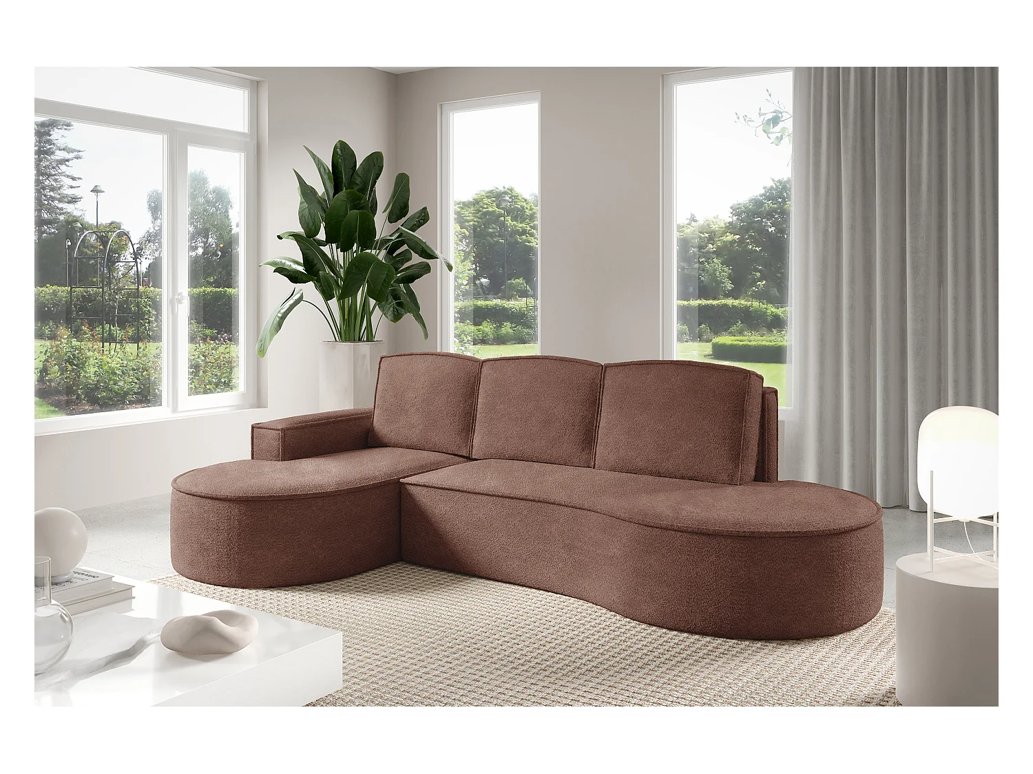 Canapé d'angle MOLLY avec couchage - Design arrondi, autoportant, 140x207 cm, 3 coussins, tissu Abriamo, 277x157x88 cm, côté gauche brun